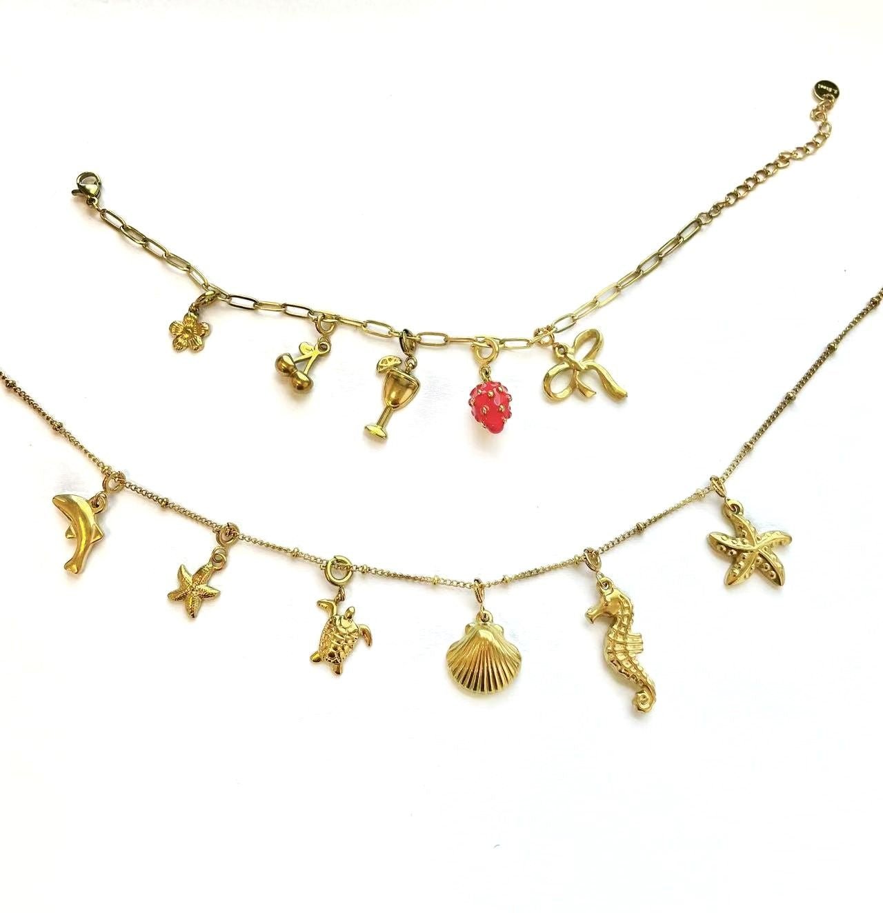 Goldfarbene Halskette mit Muschel-, Stern- und Anker-Anhängern, 18K vergoldet