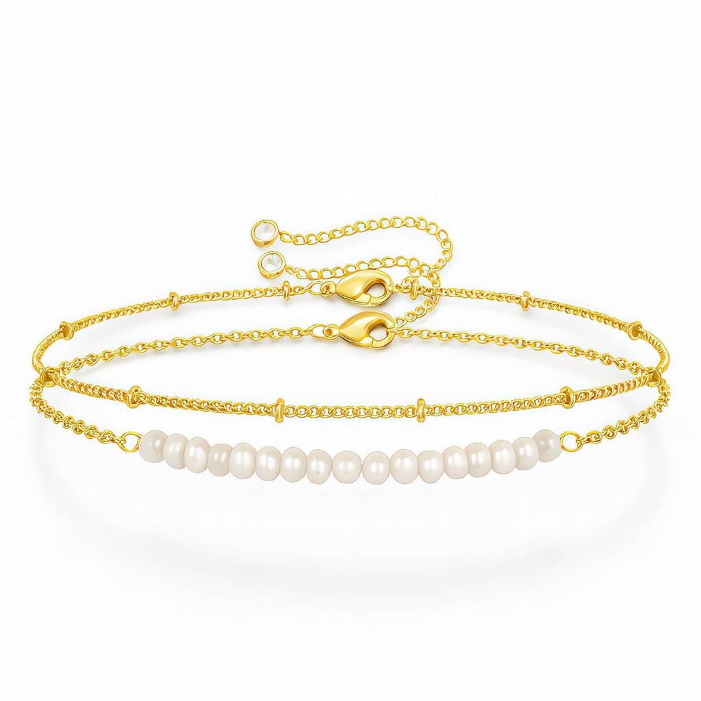 Armband-Set mit 18k vergoldetem Stahl: goldfarbene Ketten mit Perlen, zwei Stück