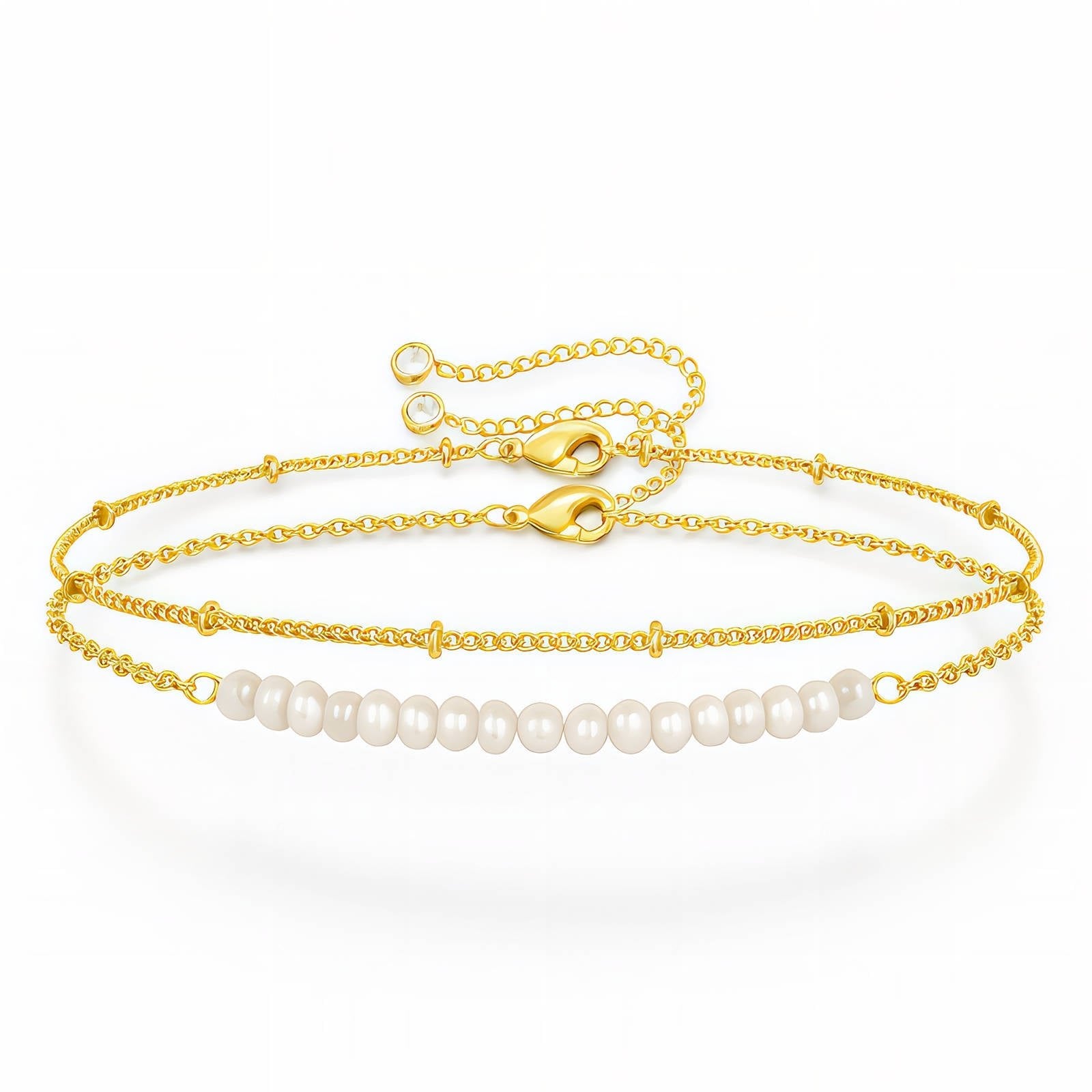 Armband-Set mit 18k vergoldetem Stahl: goldfarbene Ketten mit Perlen, zwei Stück