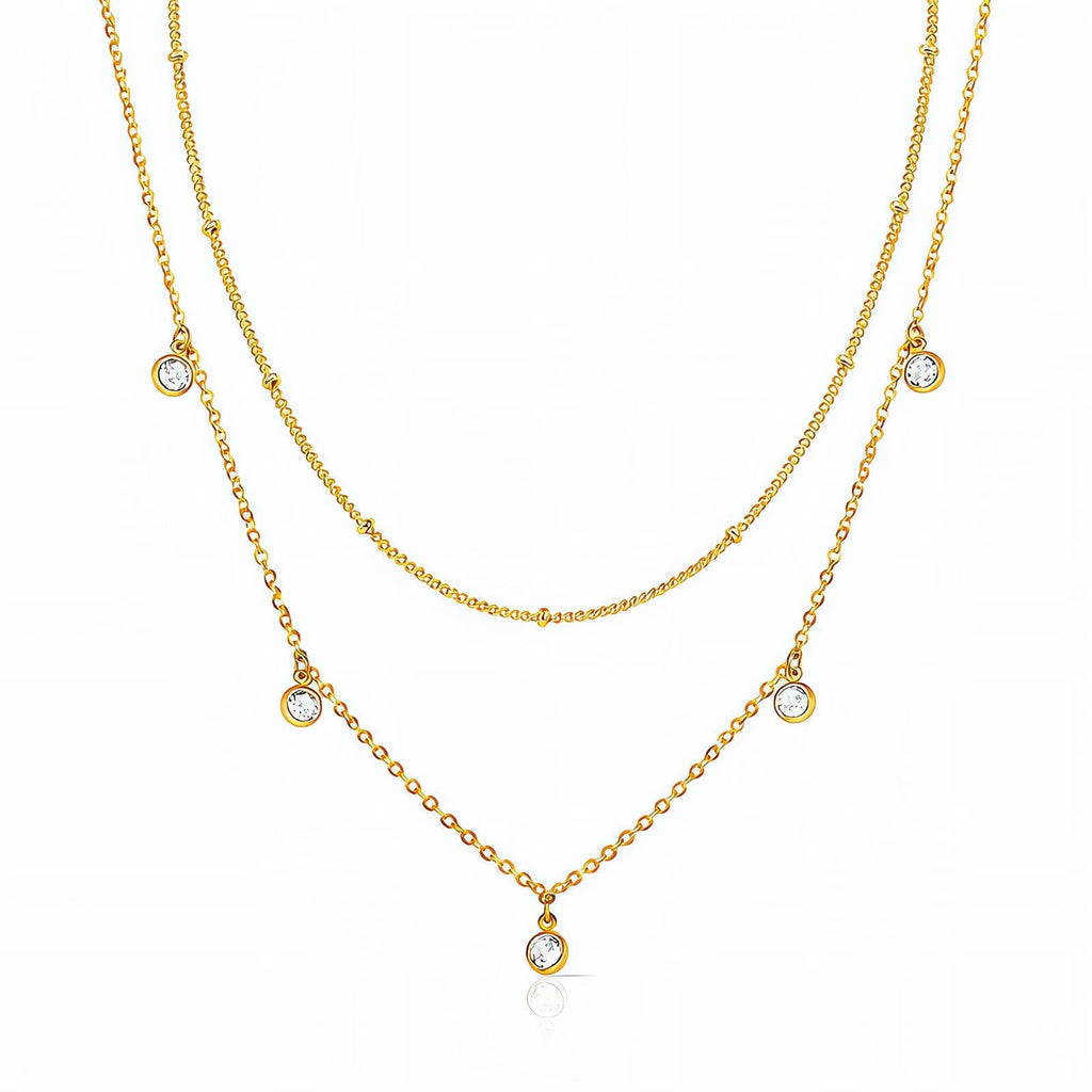 Goldfarbene Halskette mit drei Lagen und runden Strass-Anhängern, 18K vergoldeter Stahl
