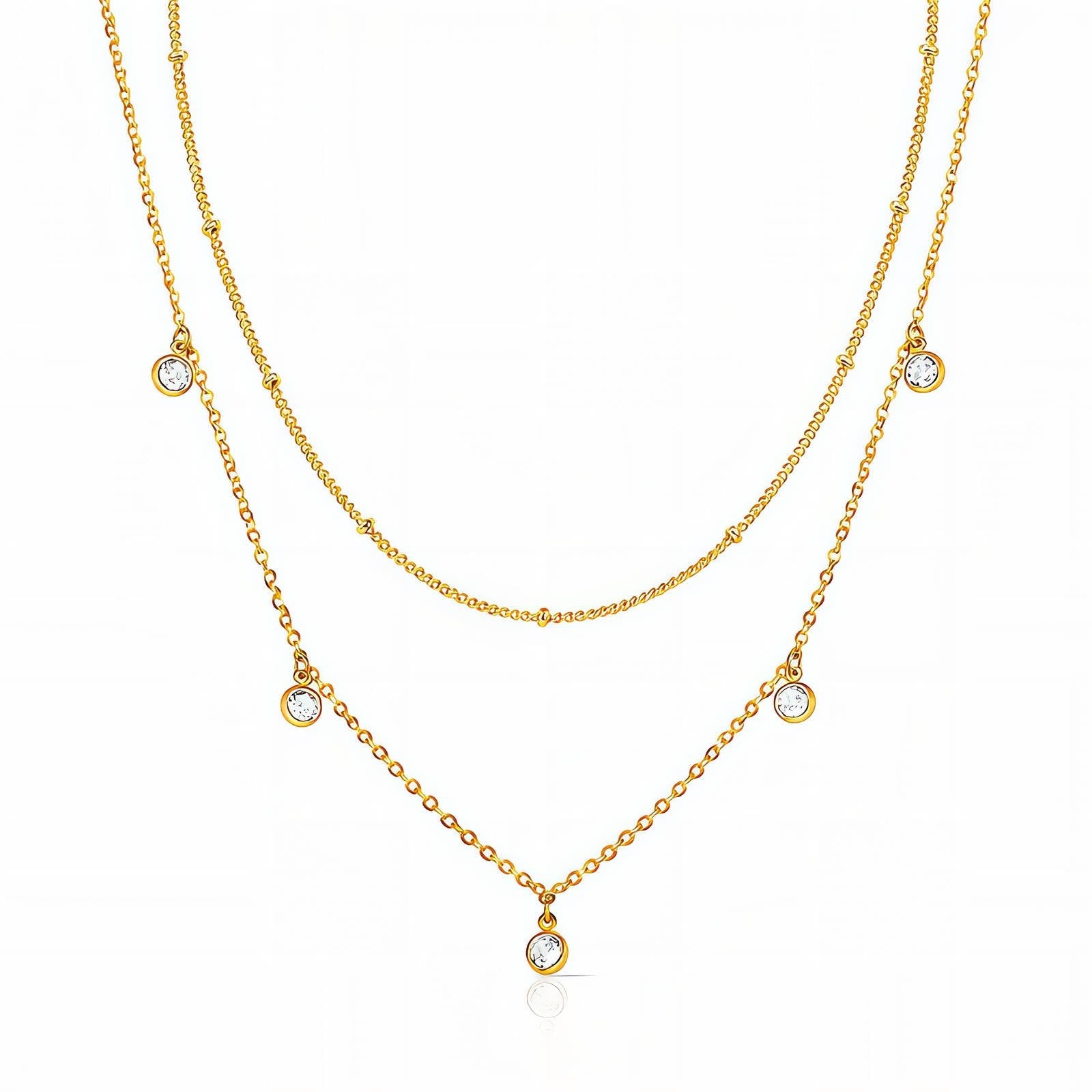 Goldfarbene Halskette mit drei Lagen und runden Strass-Anhängern, 18K vergoldeter Stahl