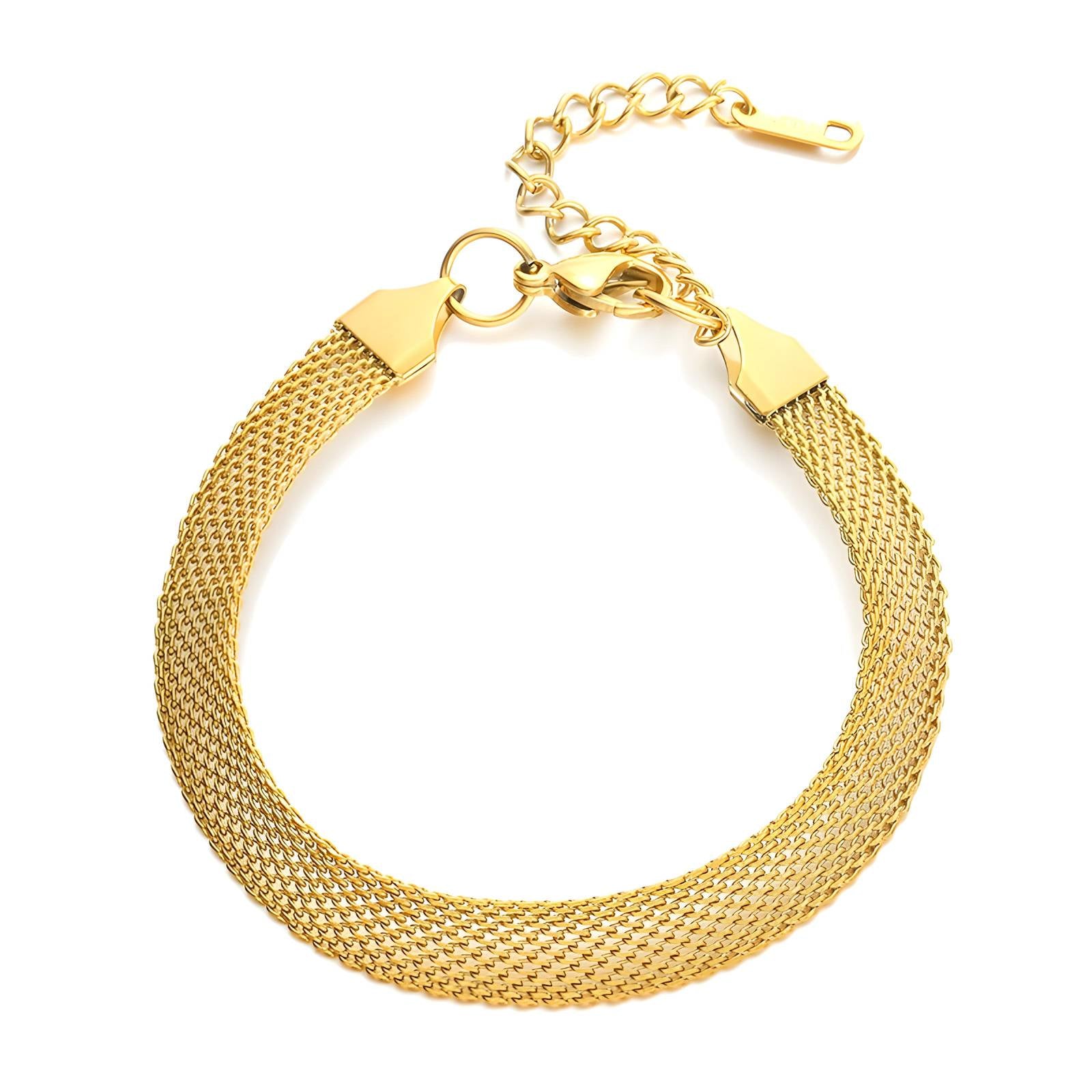 Goldfarbenes Mesh-Armband, runder Verschluss mit Ösen und geflochtenem Kettengewebe