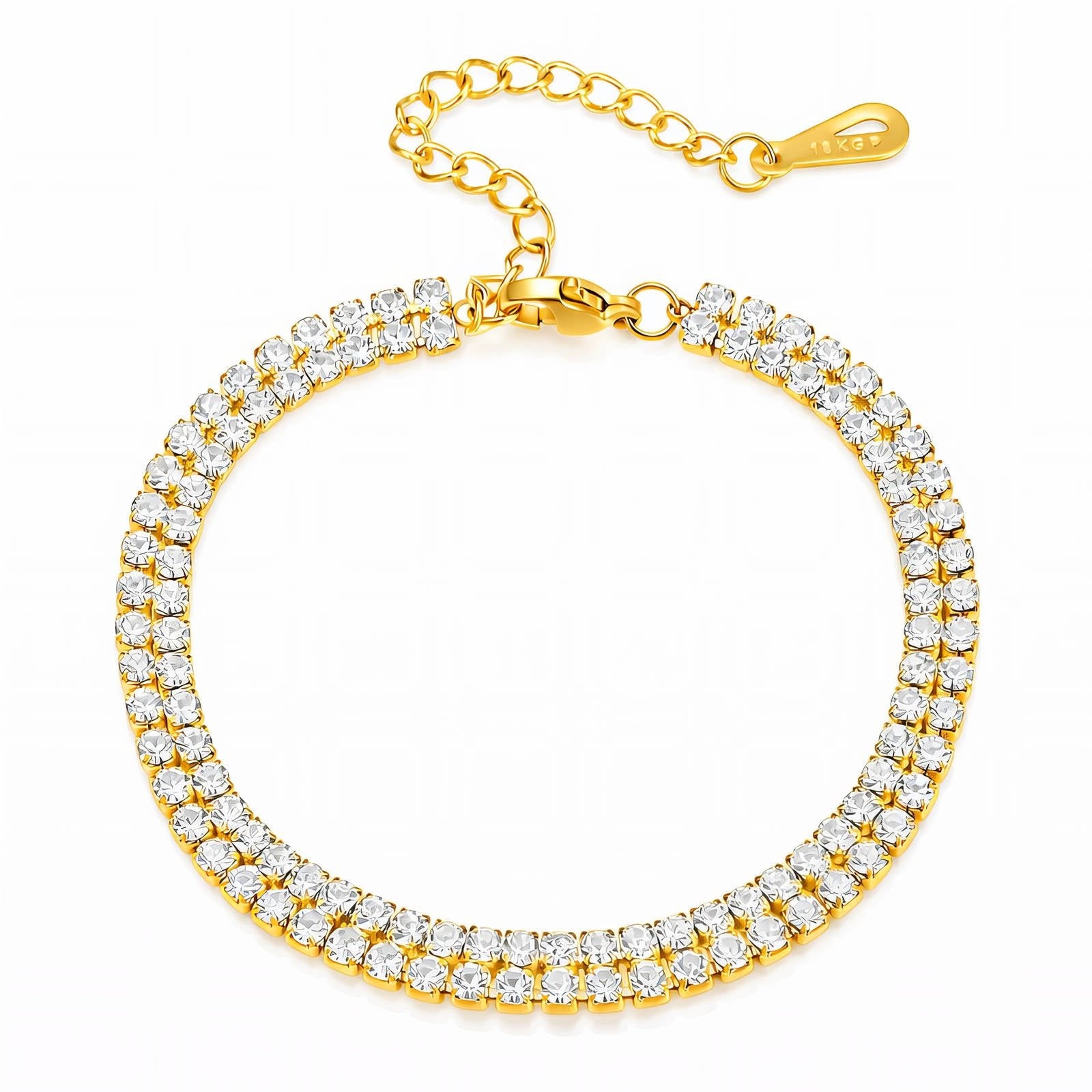 Goldfarbenes Tennisarmband mit Strassstein-Reihen und Kettenverschluss.