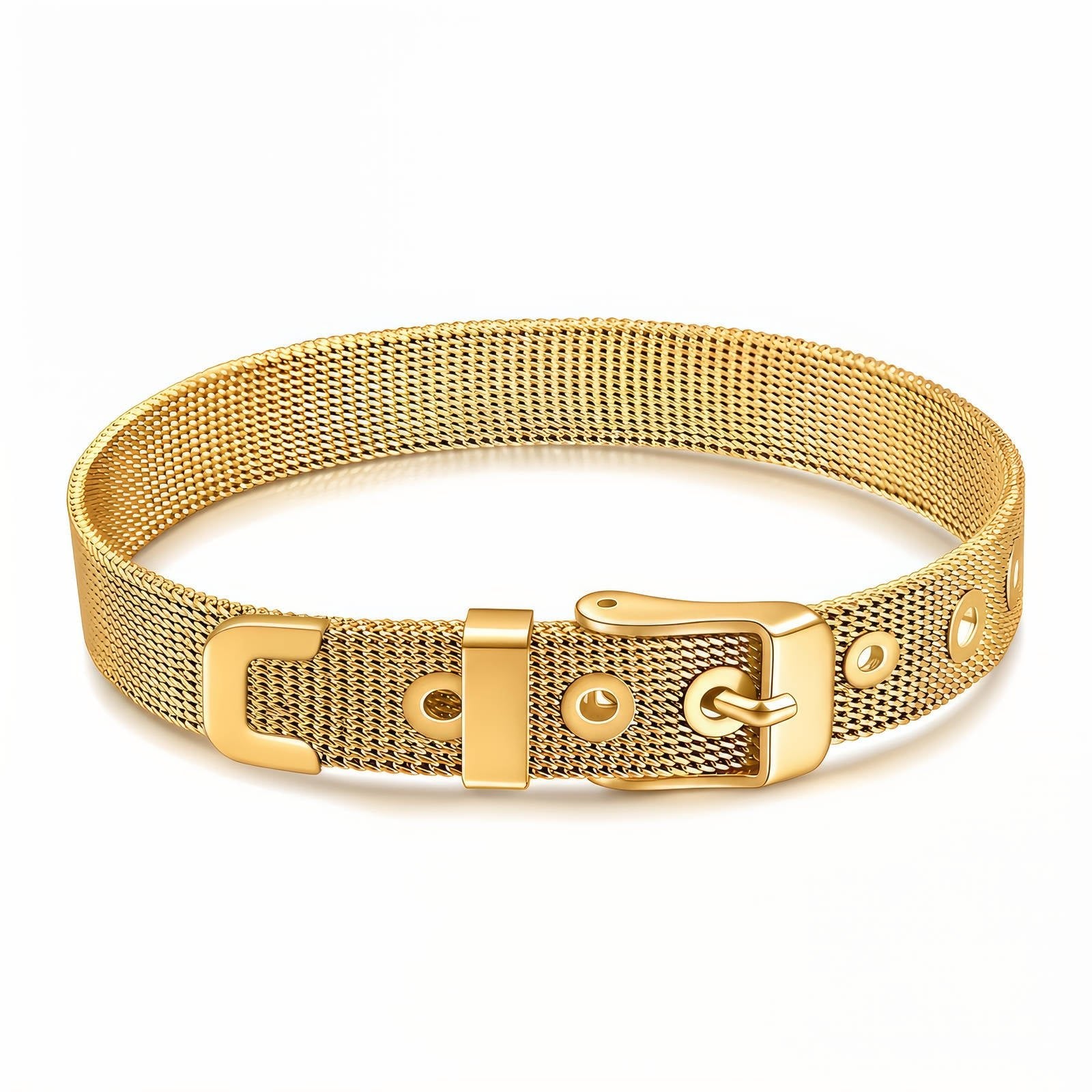 Goldfarbenes Mesh-Armband mit Schließe, runden Zierelementen und Ösen