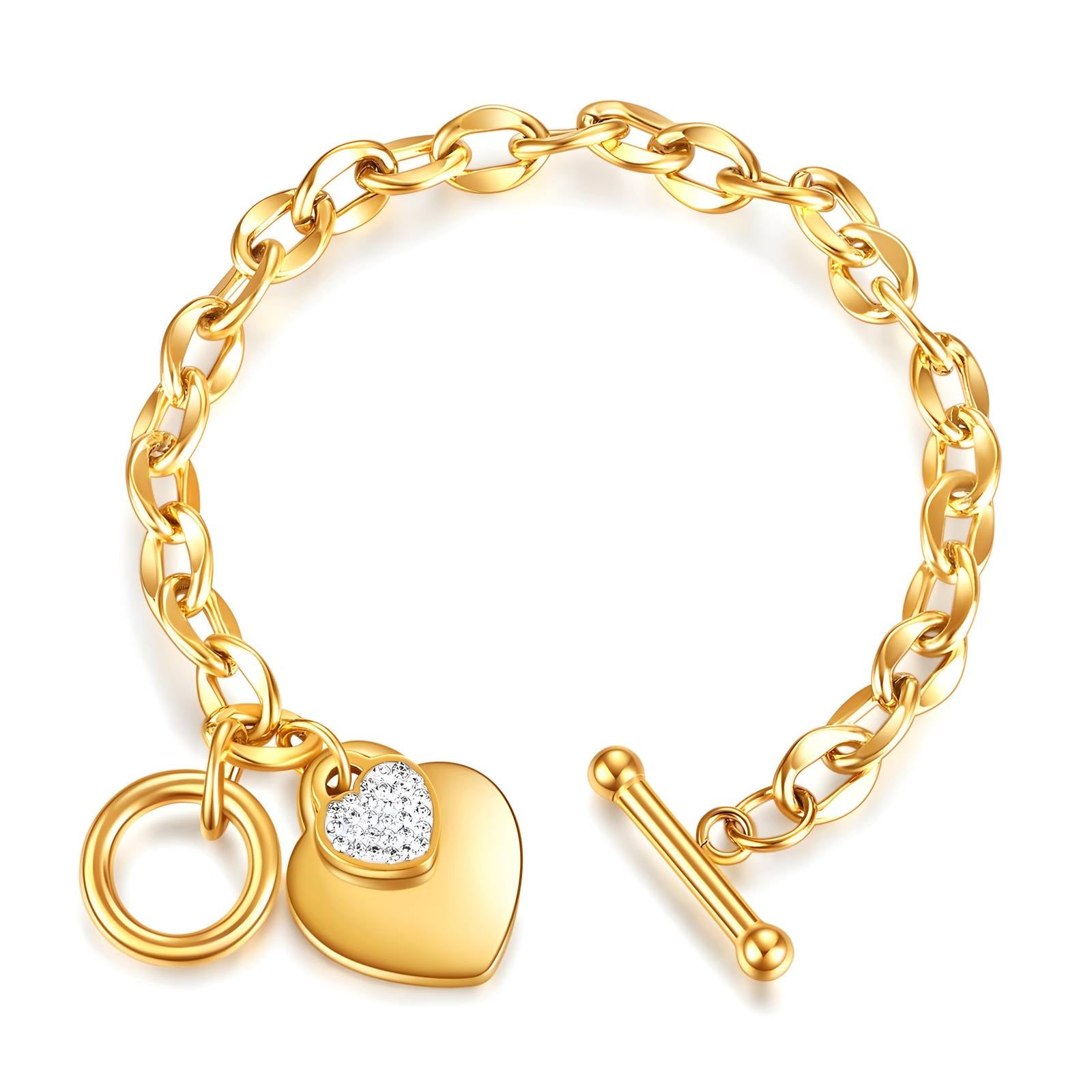 Goldfarbenes Armband mit Gliederkette, Herzanhänger und Schlüssel-Element