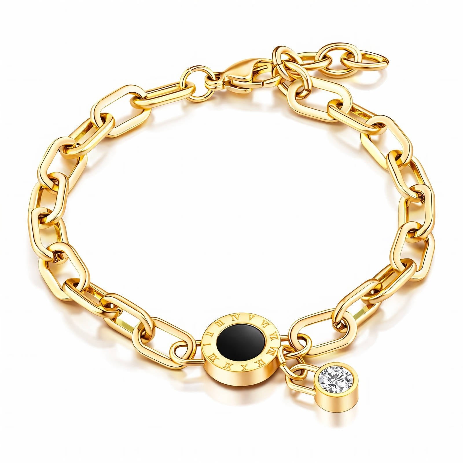 Goldfarbenes Kettenarmband mit rundem Anhänger (schwarzer Einsatz) und kleinem Stein
