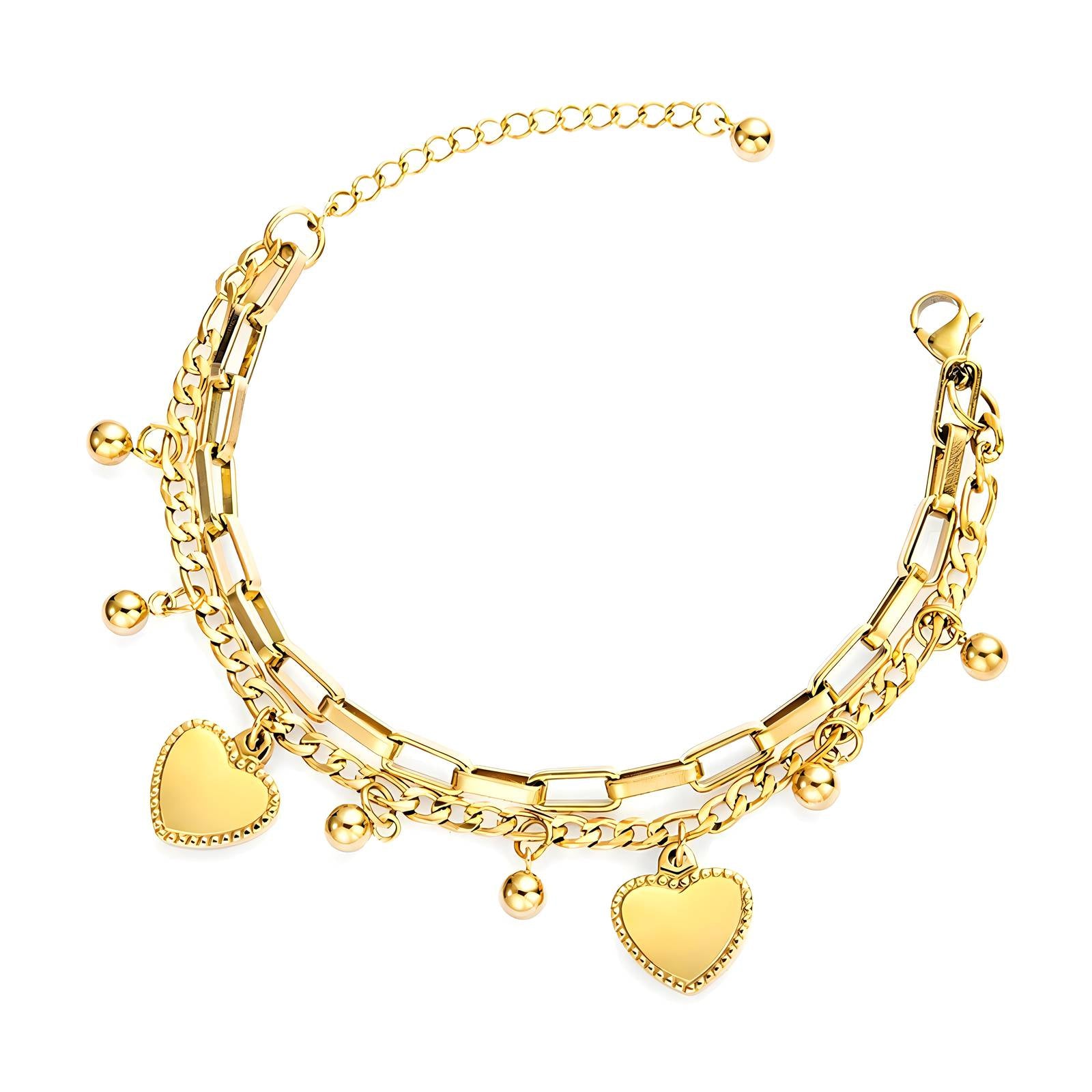 MILA-Armband aus goldfarbenem Stahl mit Kettengliedern und mehreren Herzanhängern