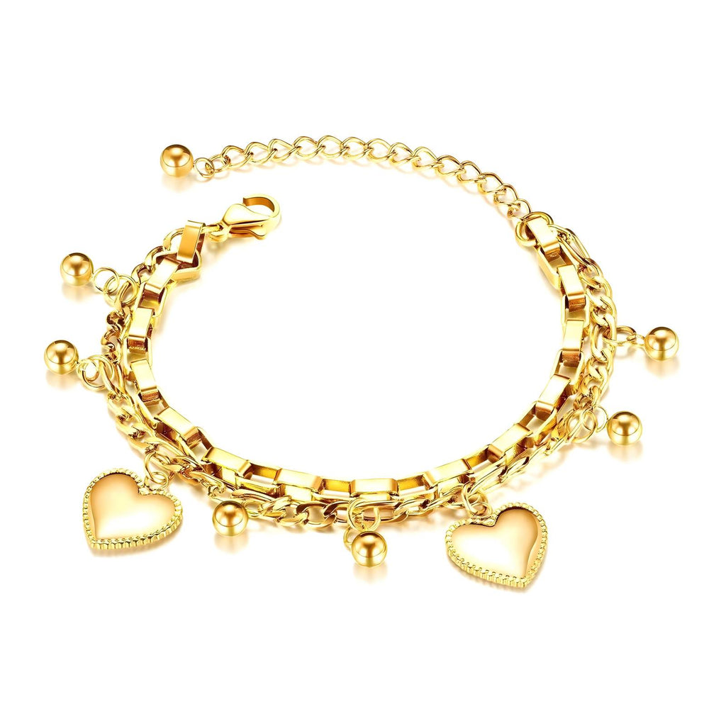 MILA-Armband goldfarben: Kettenglieder mit Herzanhängern und Kugel-Charms