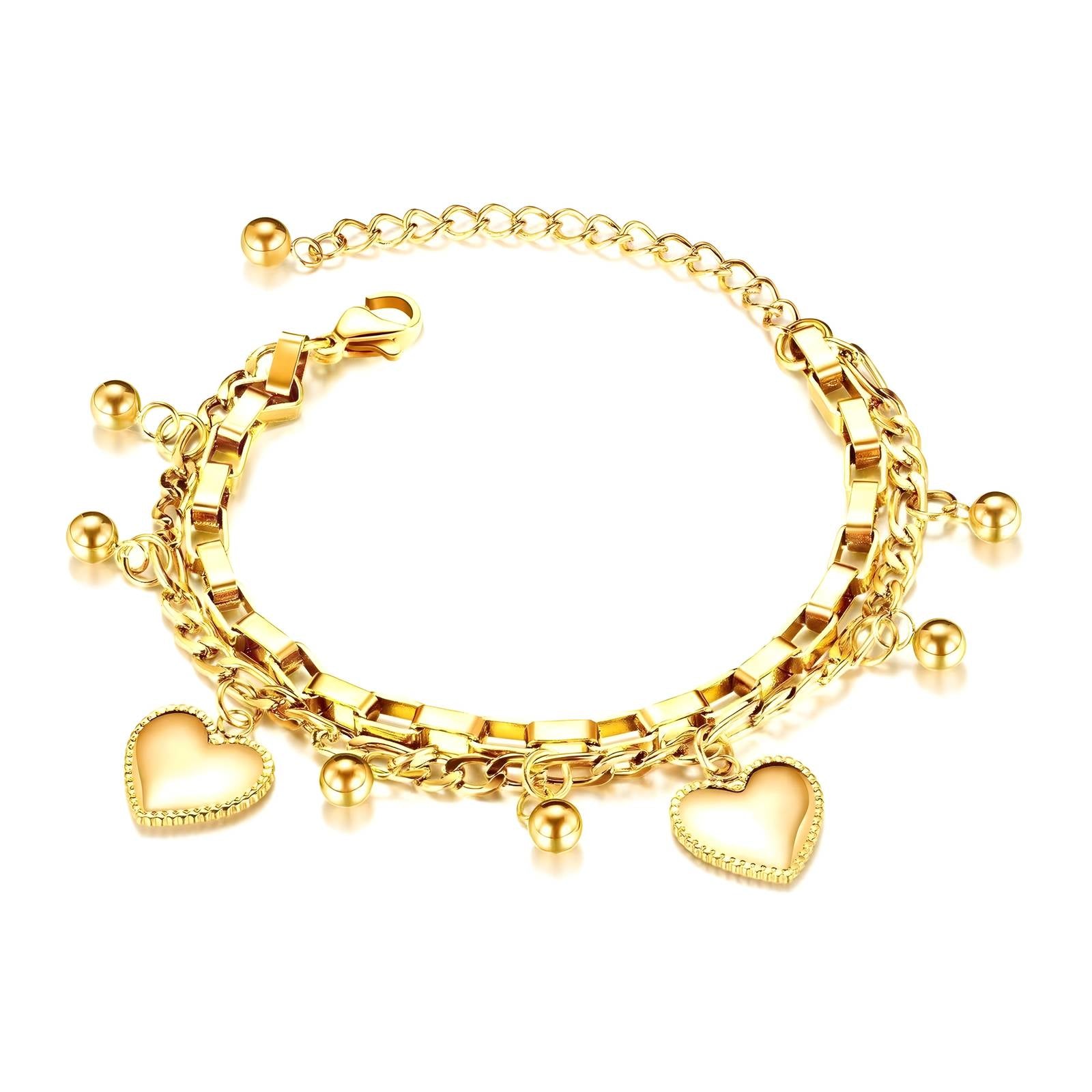 MILA-Armband goldfarben: Kettenglieder mit Herzanhängern und Kugel-Charms