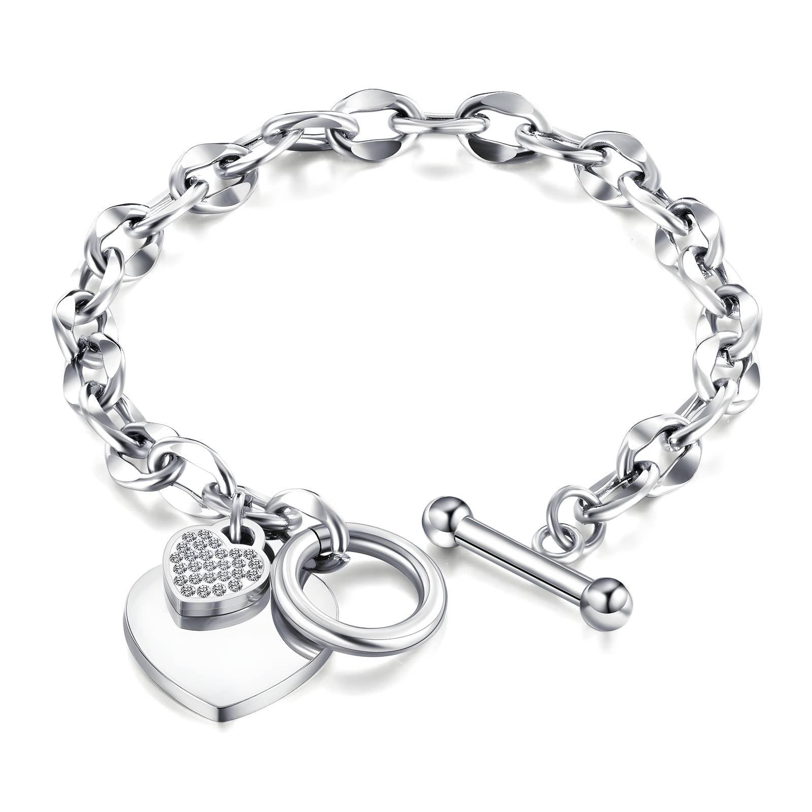 Silberfarbenes Armband mit Gliederkette, Herzanhänger, Schloss und Schlüsselclip