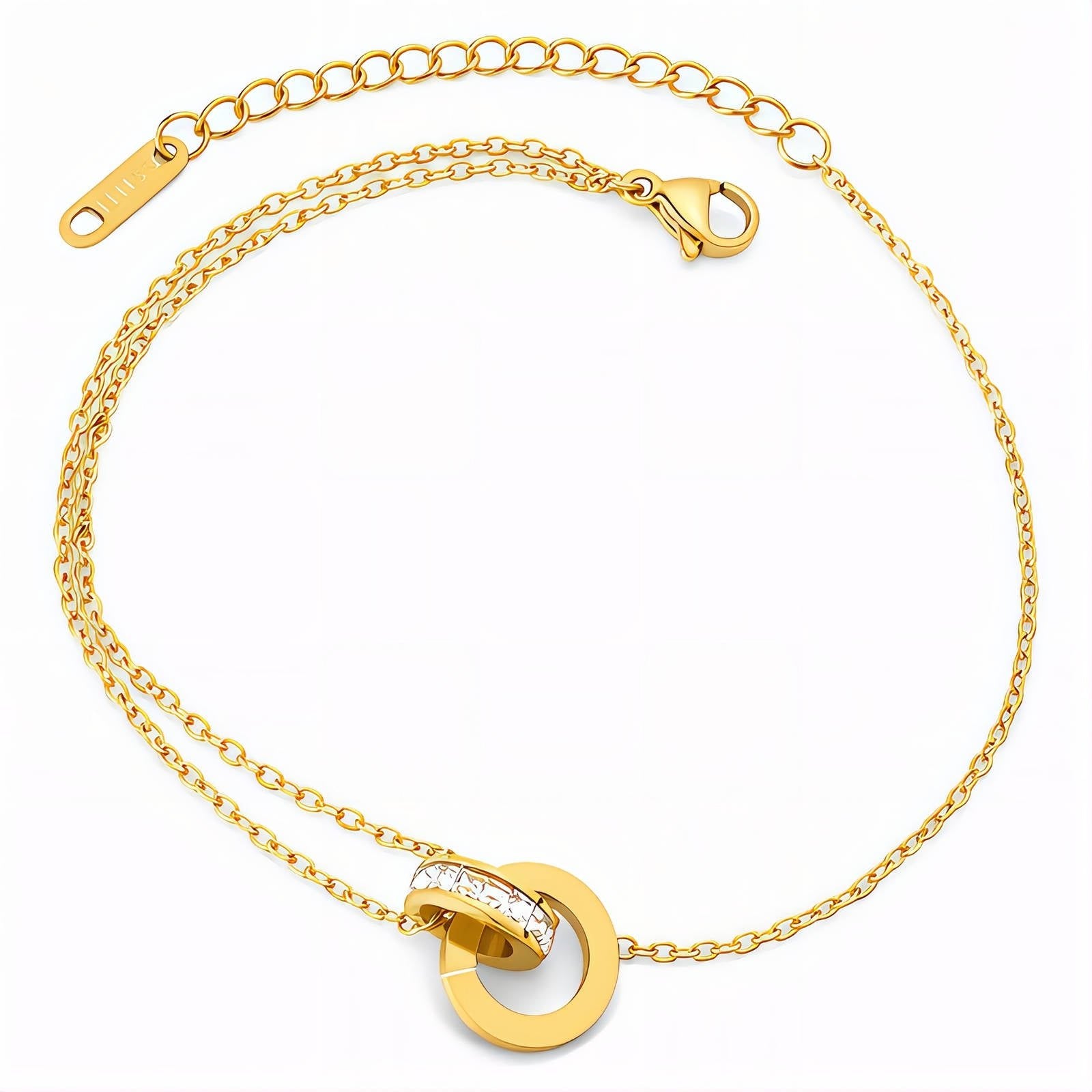 Goldfarbenes Gliederarmband mit rundem Anhänger und Karabiner-Schließe