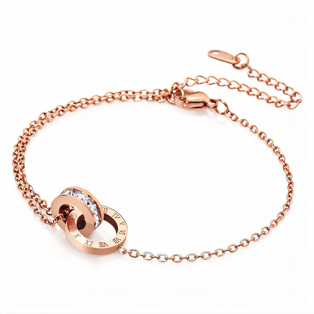 LIVIA Fußkettchen rosé mit Gliederkette und rundem Anhänger mit Strass & römischen Ziffern