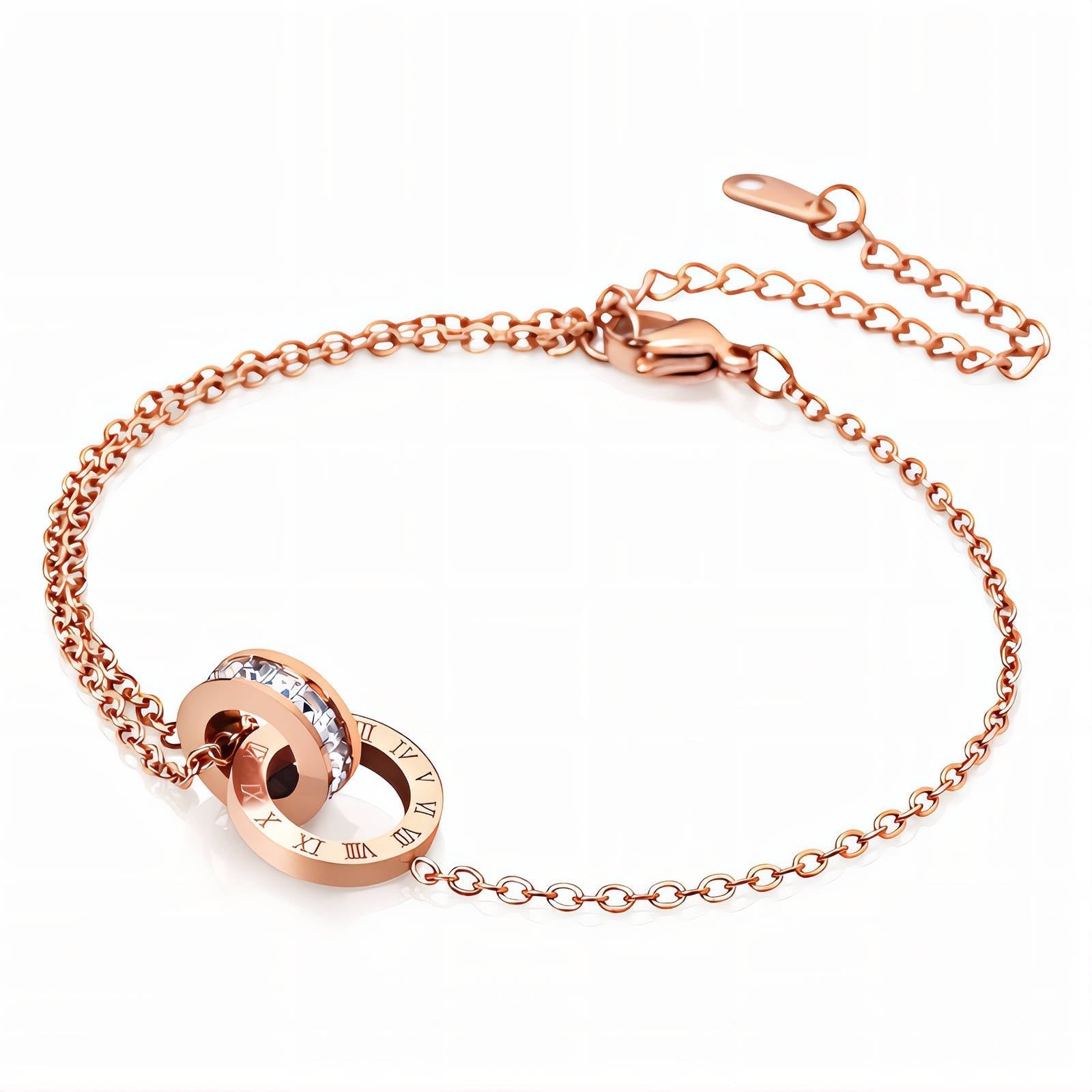 LIVIA Fußkettchen rosé mit Gliederkette und rundem Anhänger mit Strass & römischen Ziffern