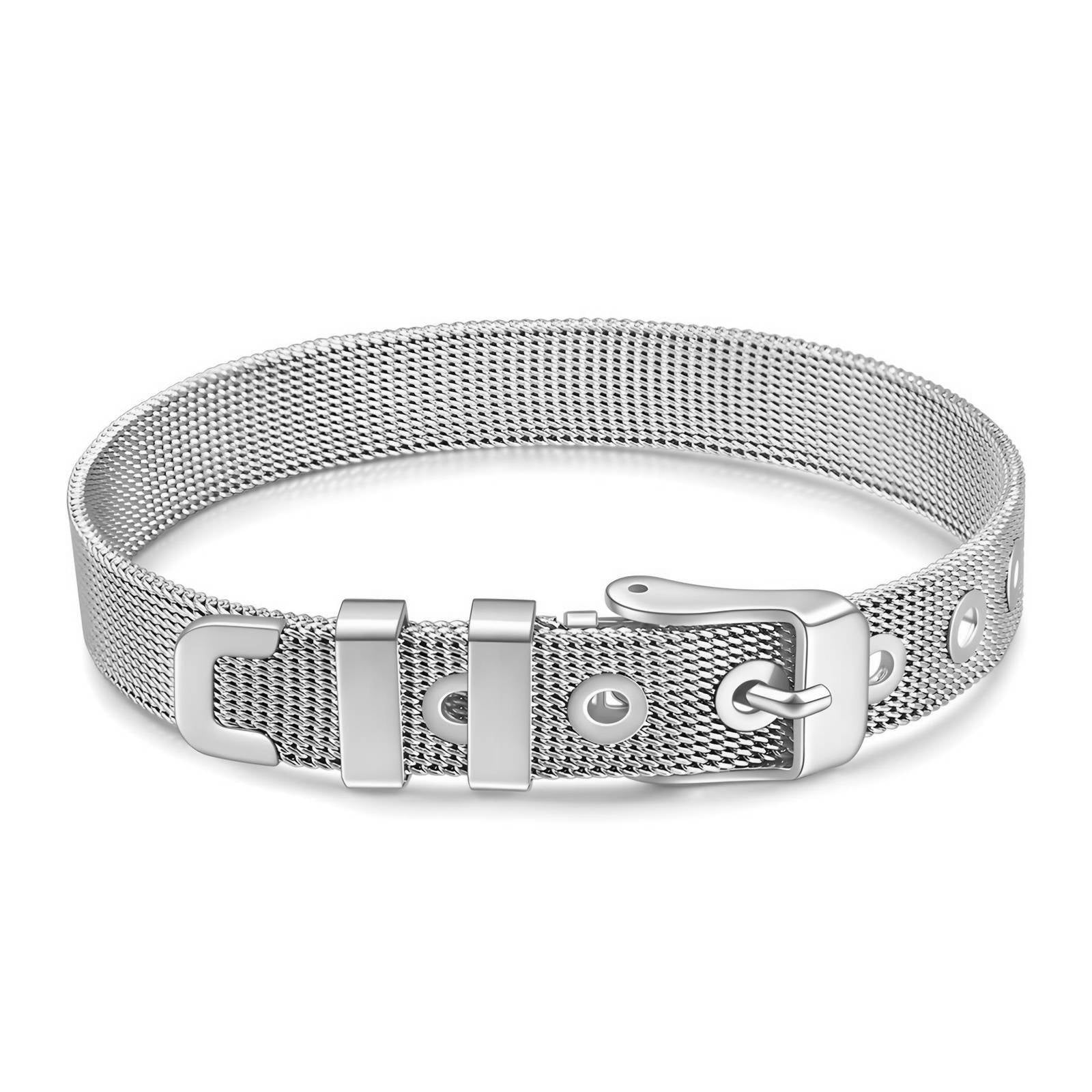 Silberfarbenes Mesh-Armband mit Schließe, runden Zierelementen und Ösen