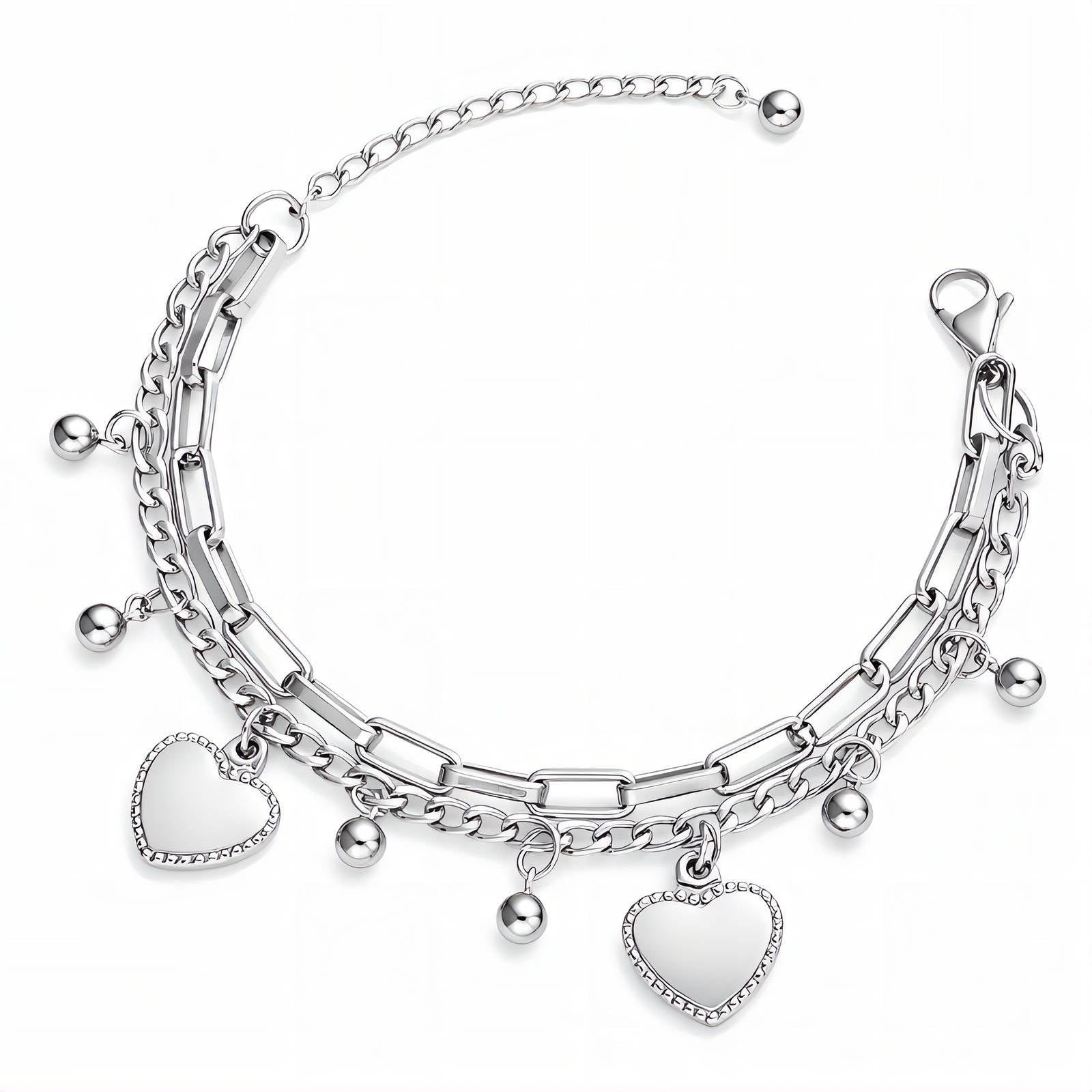 MILA-Armband silberfarben mit Kettengliedern, Herzanhängern und Kugel-Charms