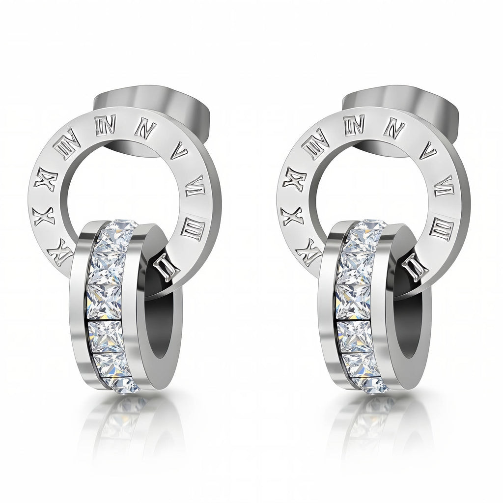 Silberfarbene Ohrstecker mit römischen Ziffern und klaren Steinen im Ringdesign