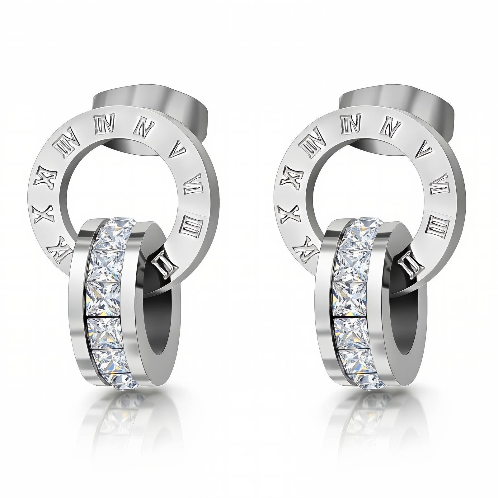 Silberfarbene Ohrstecker mit römischen Ziffern und klaren Steinen im Ringdesign