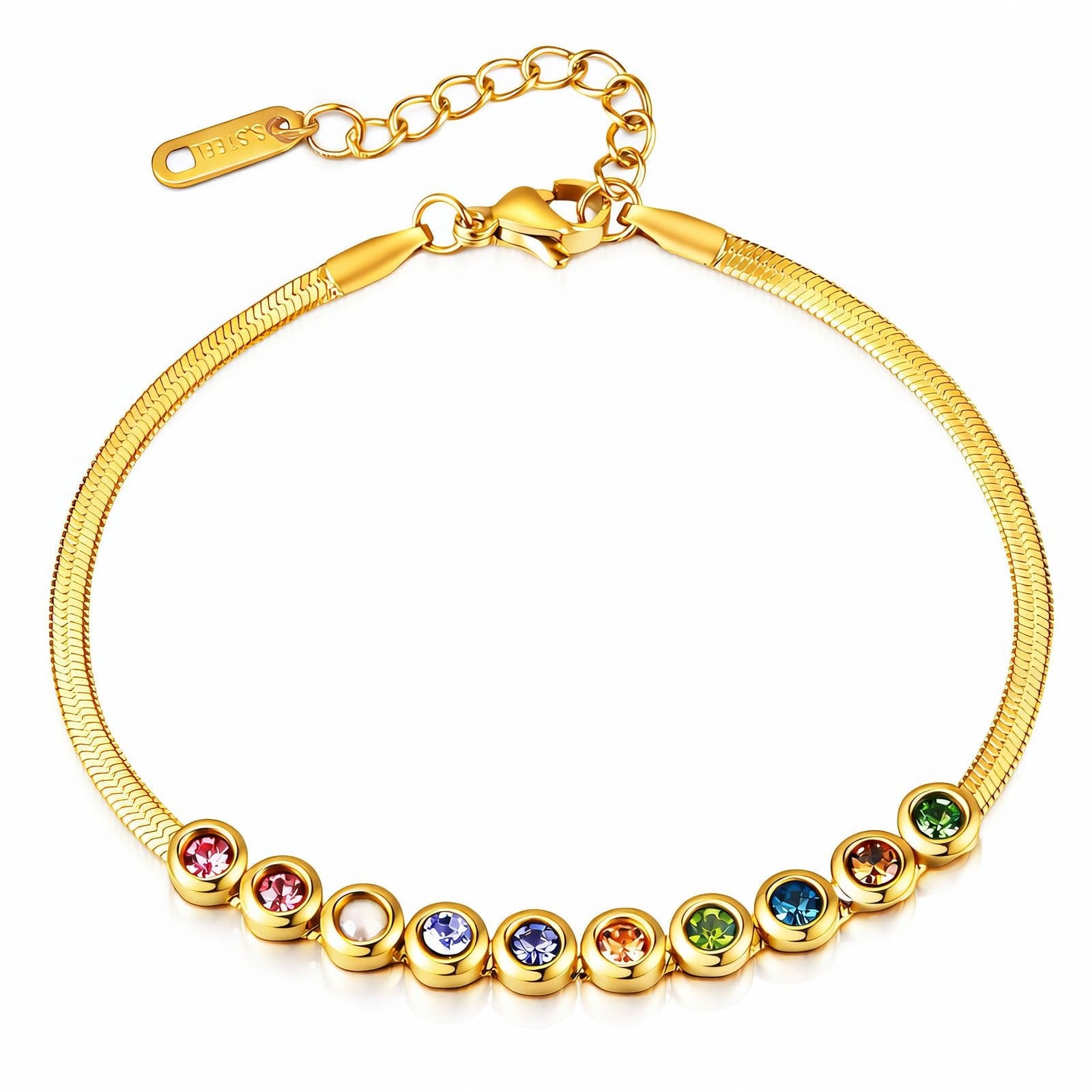 Goldfarbenes Armband mit Regenbogen-Steinen auf beschichtetem Stahl