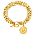 Goldfarbenes Armband mit Kettengliedern, Münzanhänger und Steckverschluss