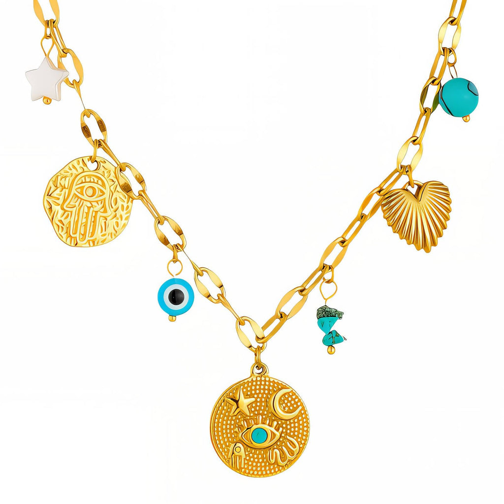 Goldfarbene Charm-Kette mit türkisfarbenen Augen, Herzen, Muscheln und Sternen