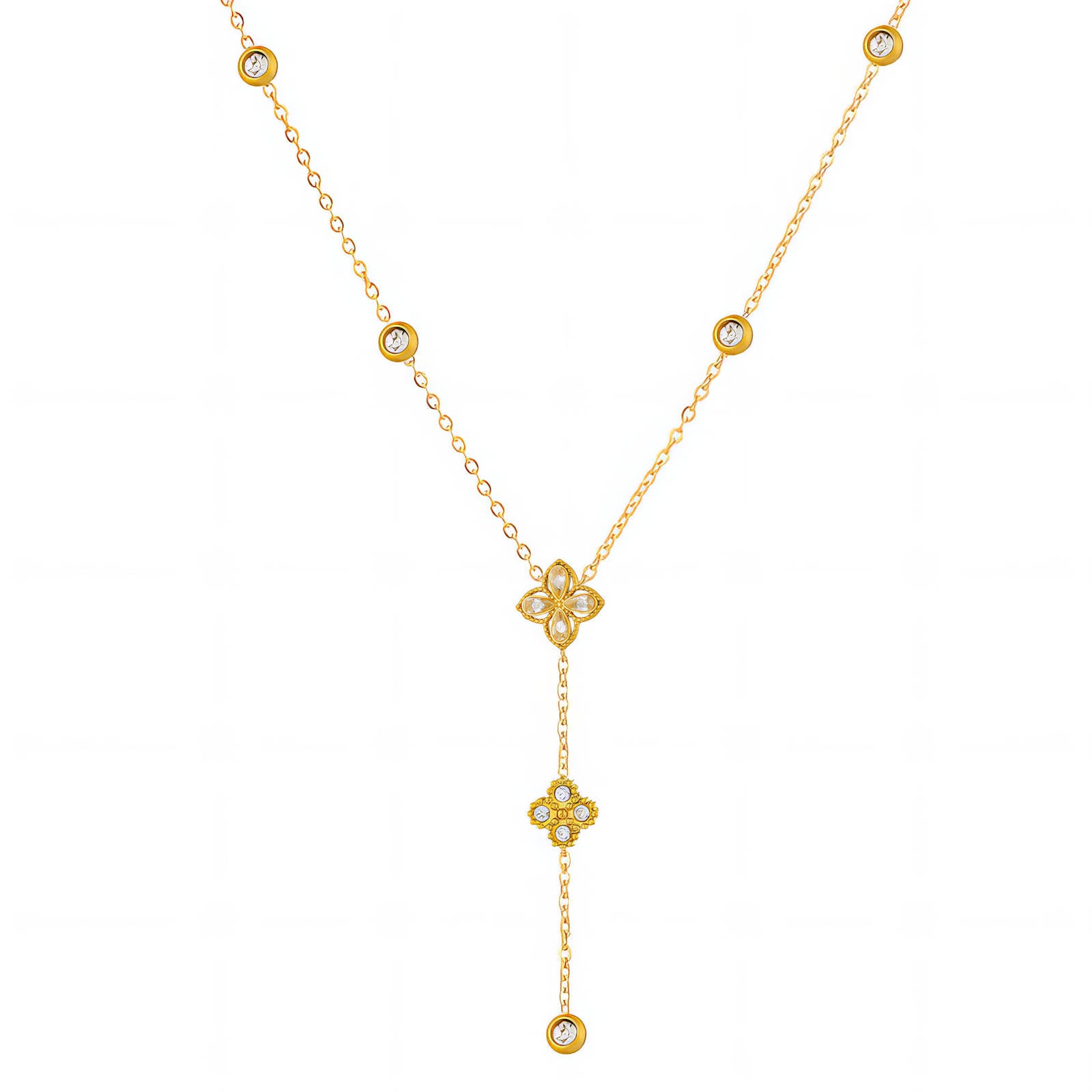 Goldfarbene Y-Kette mit floralen Anhängern und rundem Mittelanhänger, 18K vergoldet