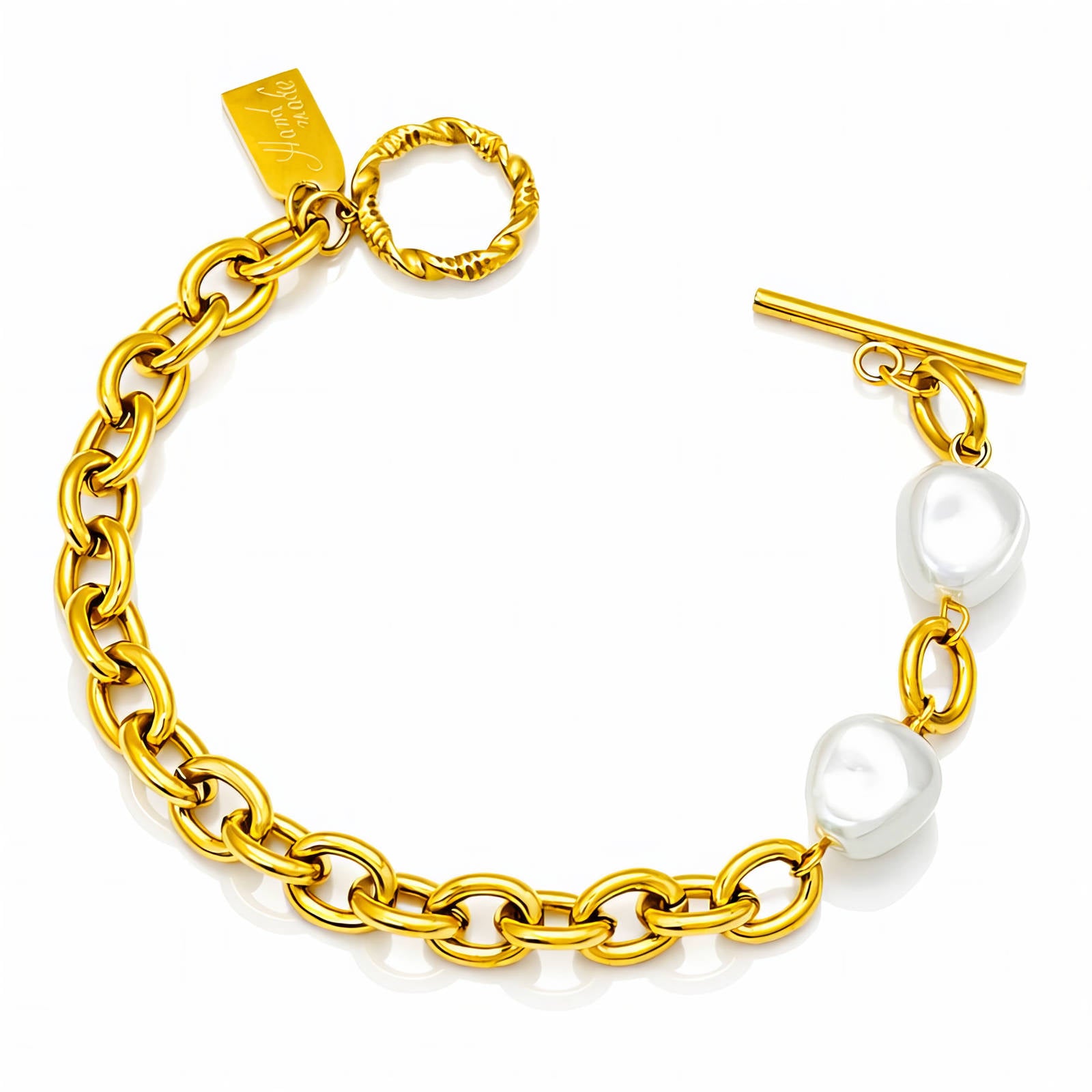 Armband aus vergoldetem Stahl mit Gliederkette und weißen Perlenanhängern