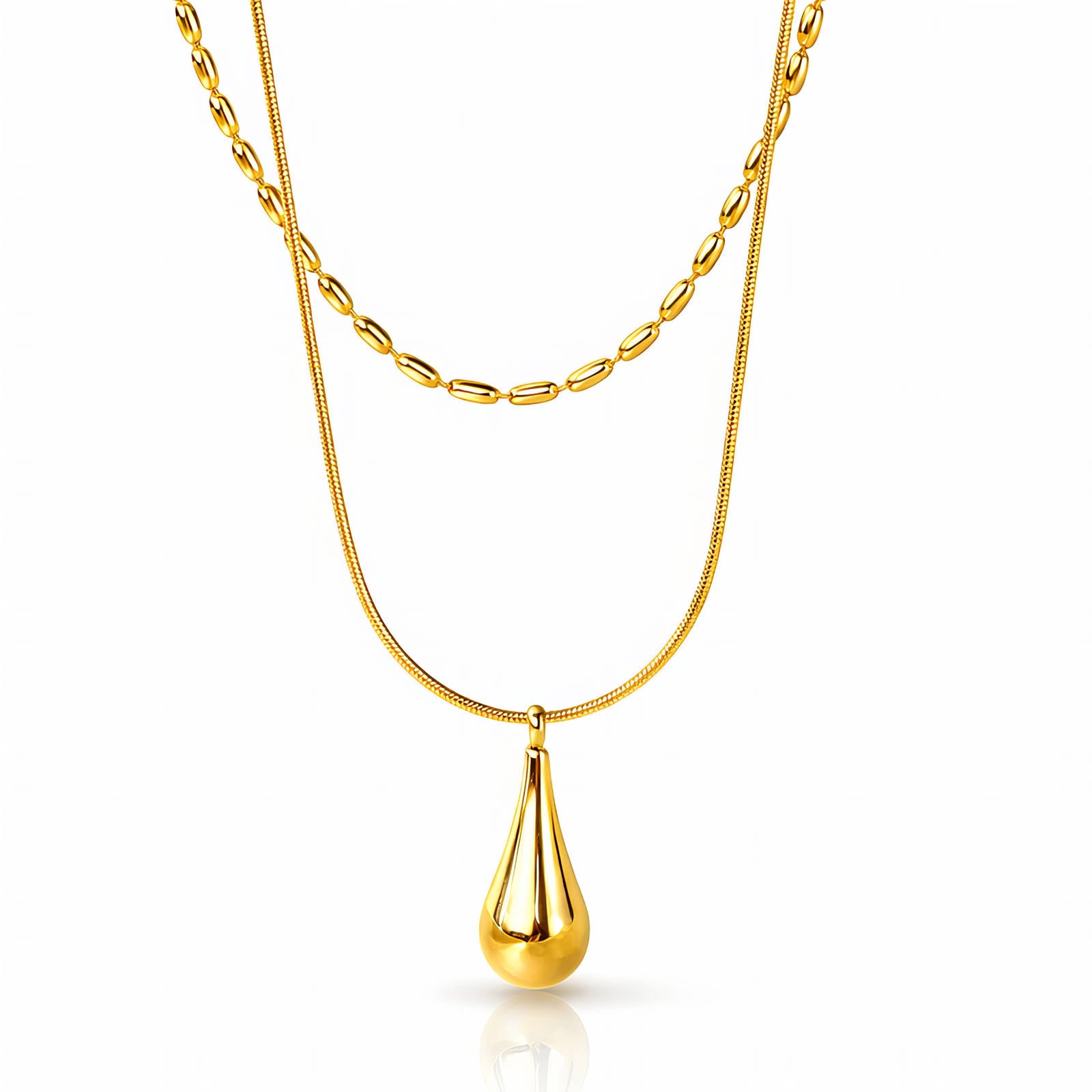 Doppelreihige Layering-Kette mit Tropfen-Anhänger, vergoldet, Gliederkette