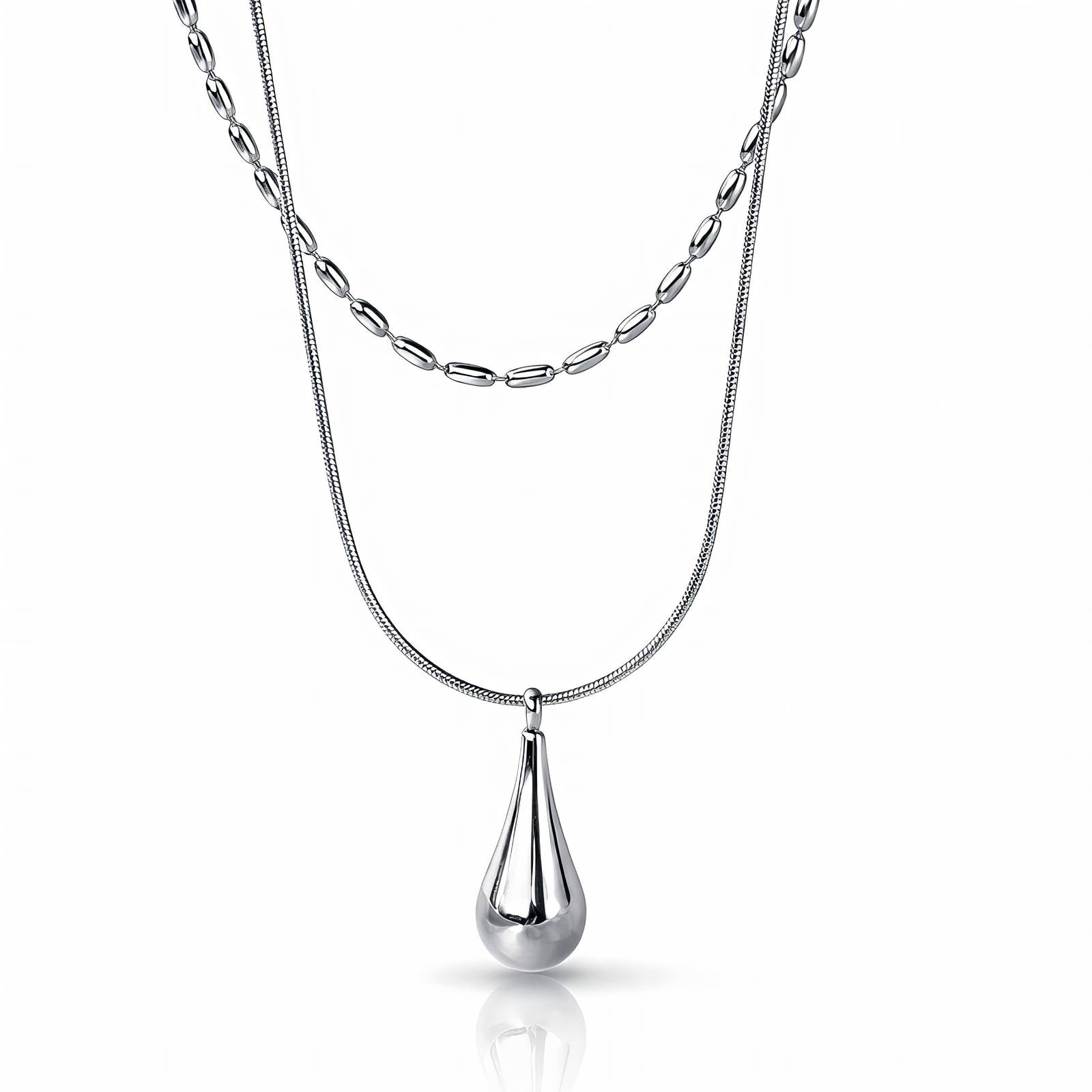 Doppelreihige Layering-Kette mit Tropfen-Anhänger, silberfarben, Gliederkette