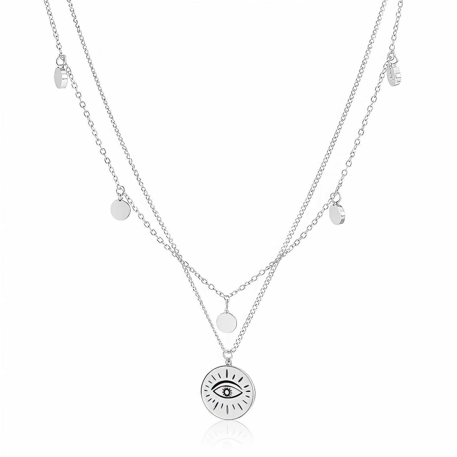 LUCIA Layering-Kette aus Edelstahl mit mehreren runden Anhängern und Sonne-Motiv