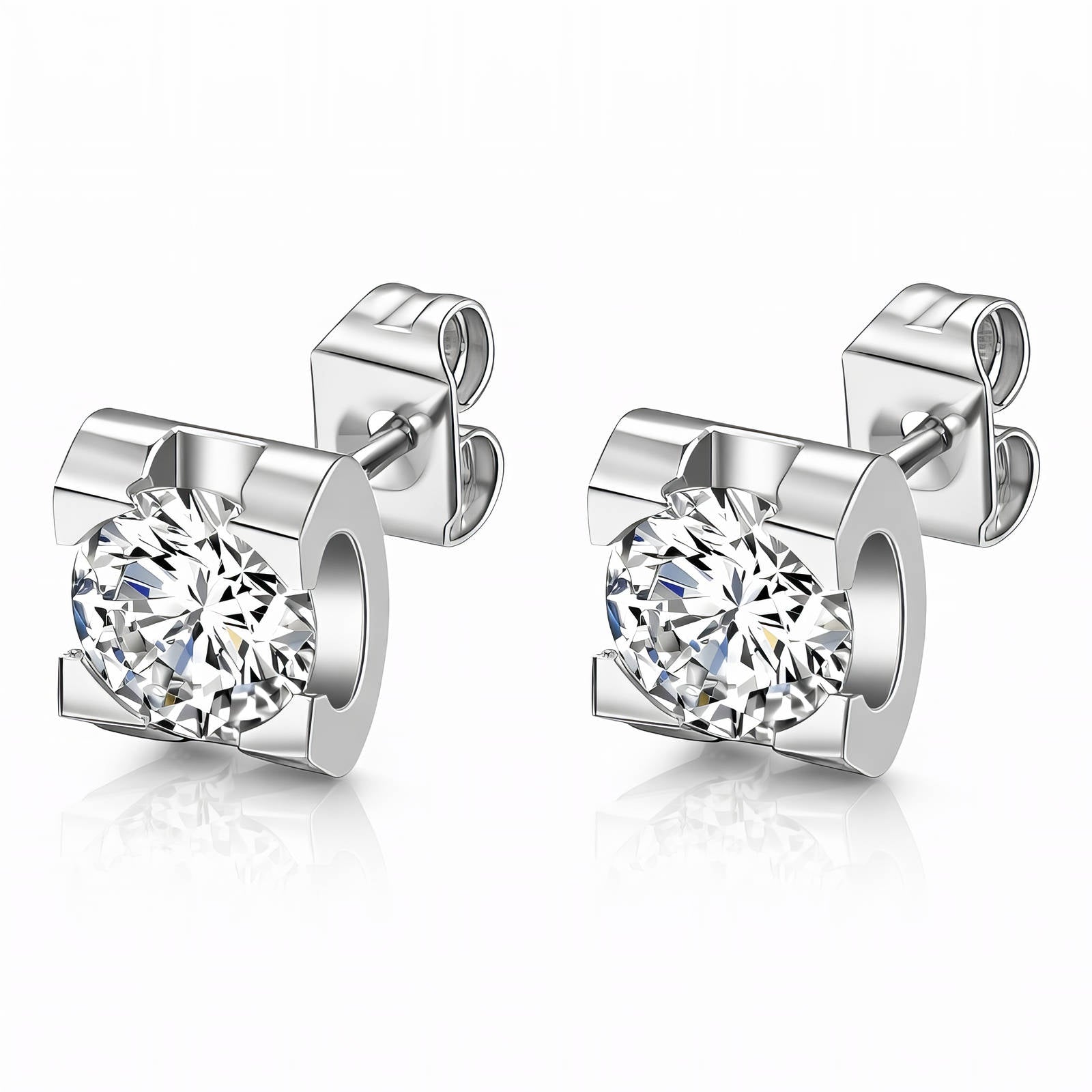 Luce Ohrstecker mit rundem Cubic-Zirkonia, silberfarbene Fassung, Stecker mit Bügel