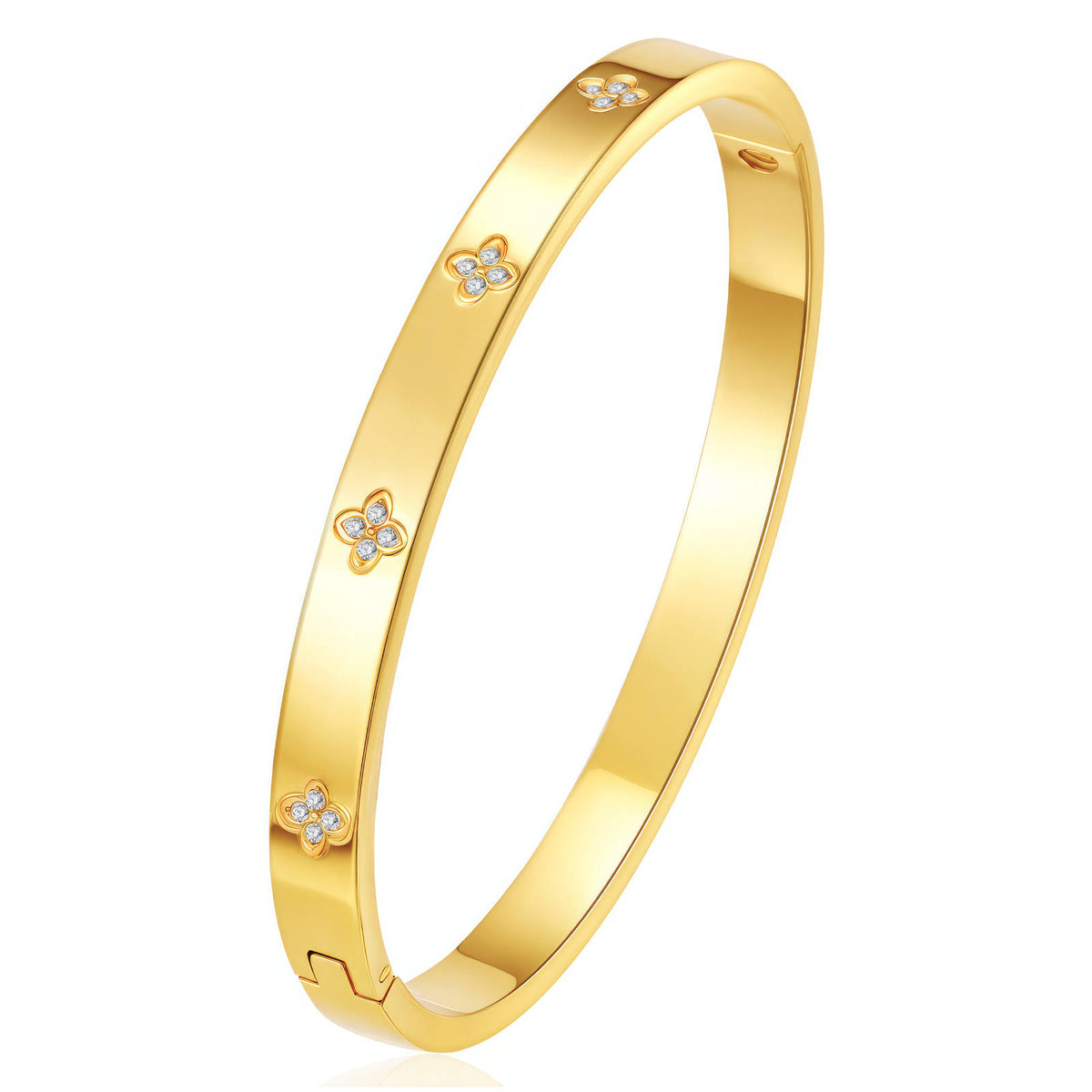 JOURÉ Armreif vergoldet – glatter Bangle mit eingravierten Blumen-Zirkonia-Motiven, Edelstahl, Freisteller