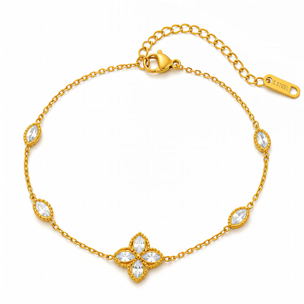 JOURÉ Armband vergoldet – zarte Ankerkette mit Blumen-Zirkonia-Anhänger und navette-Steinen, Edelstahl, Freisteller