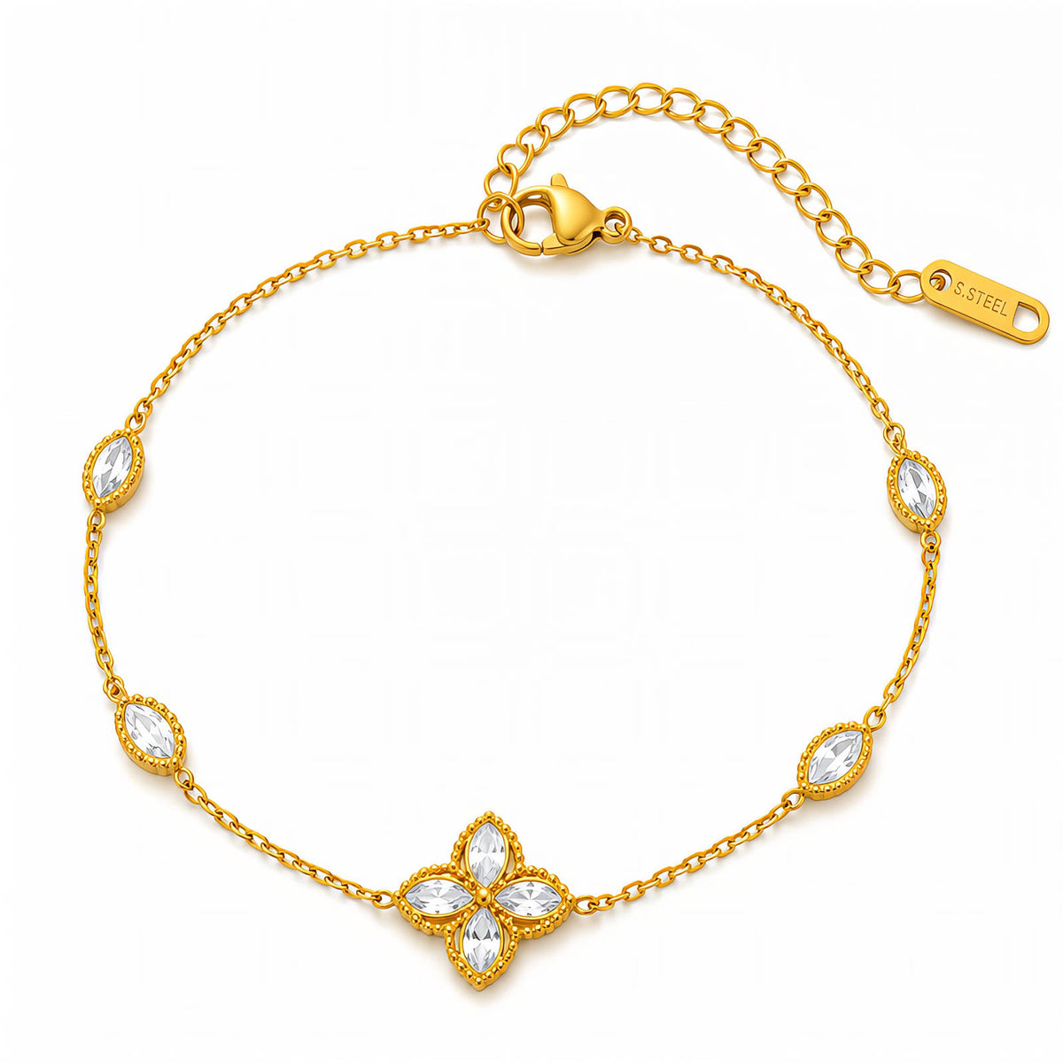 JOURÉ Armband vergoldet – zarte Ankerkette mit Blumen-Zirkonia-Anhänger und navette-Steinen, Edelstahl, Freisteller