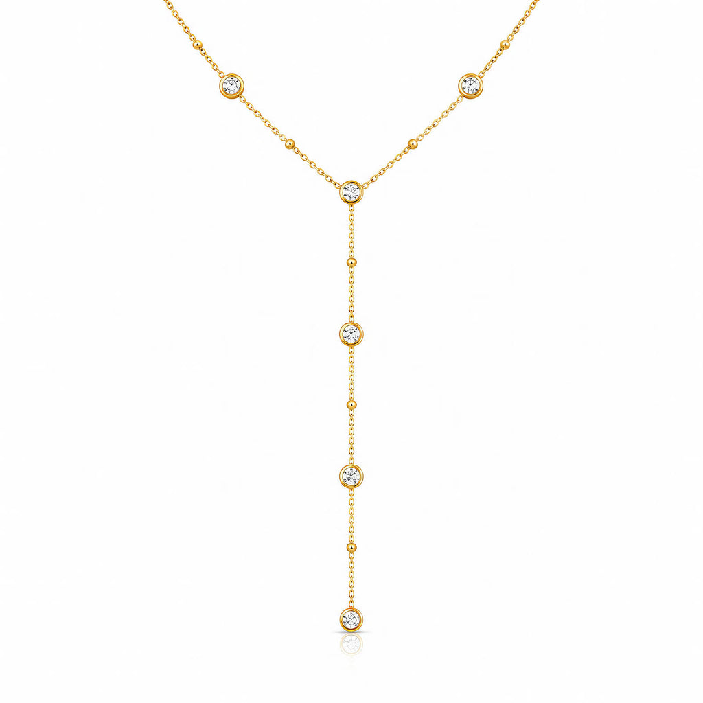 JOURÉ Lariat-Kette vergoldet – Y-Kette mit Kugelkette und Zirkonia-Bezel-Steinen, Edelstahl, Freisteller