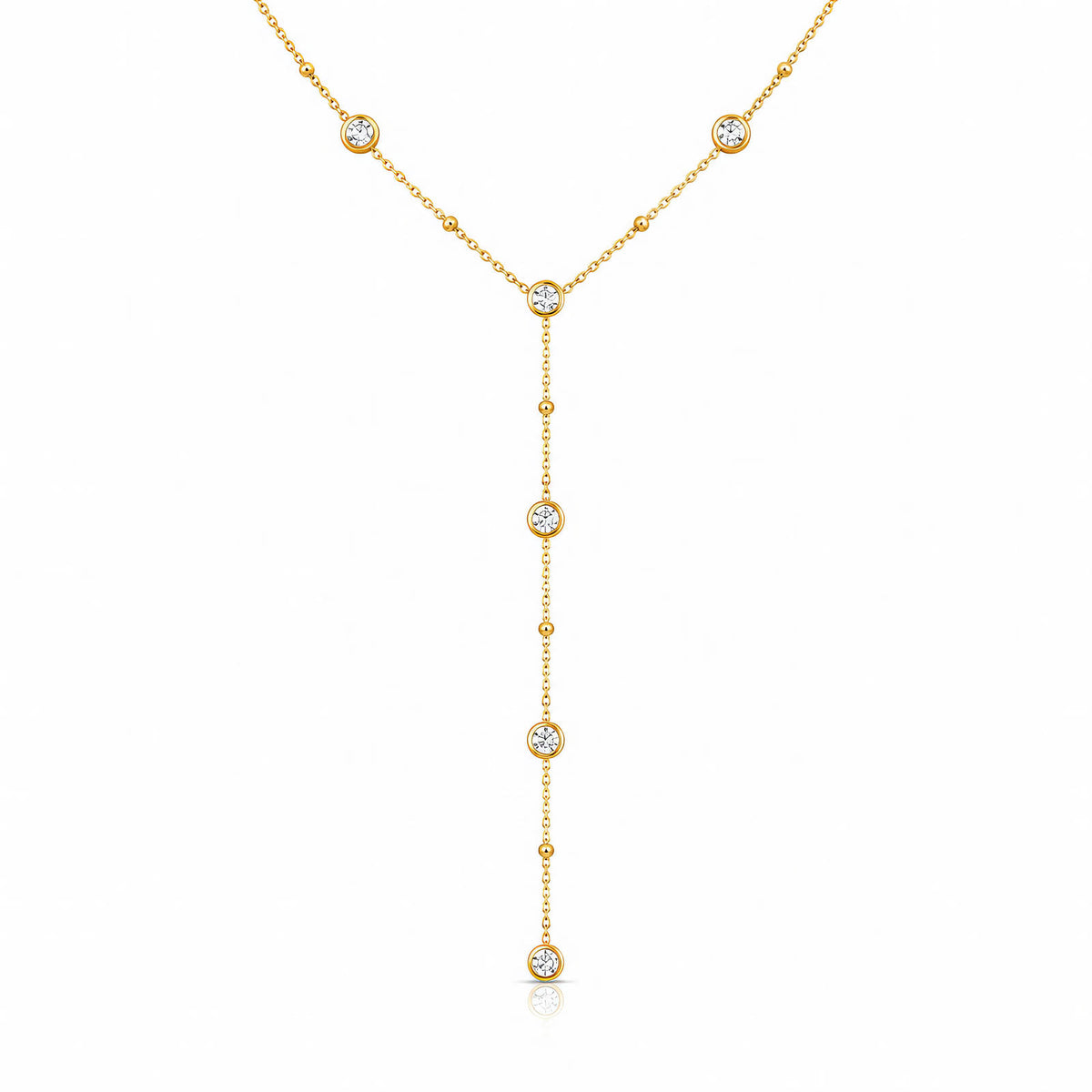 JOURÉ Lariat-Kette vergoldet – Y-Kette mit Kugelkette und Zirkonia-Bezel-Steinen, Edelstahl, Freisteller