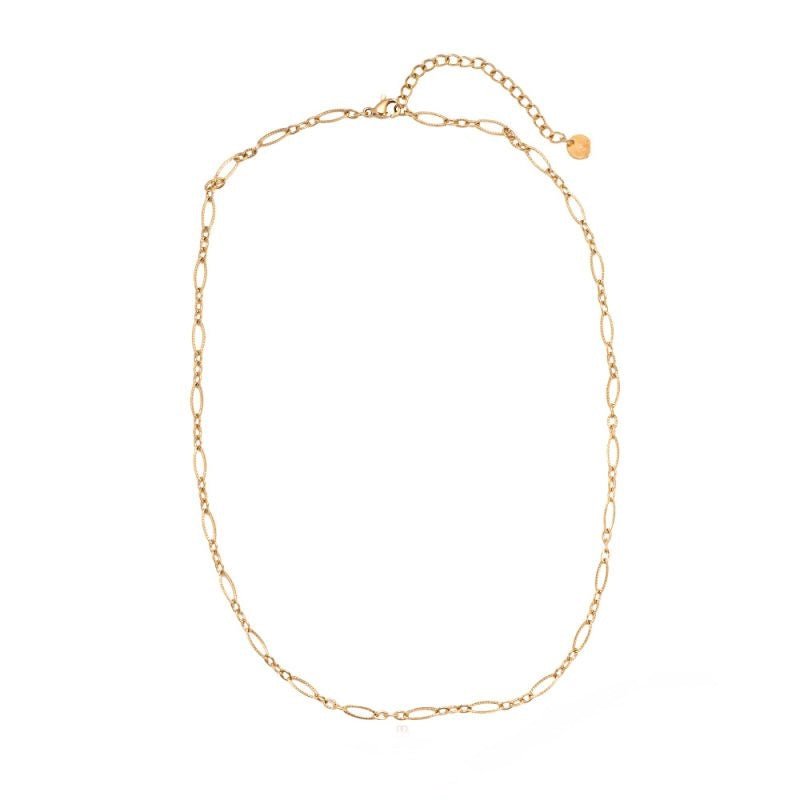 Goldfarbene Kette mit ovalen Gliedern und kleinem runden Anhänger, mehrreihig