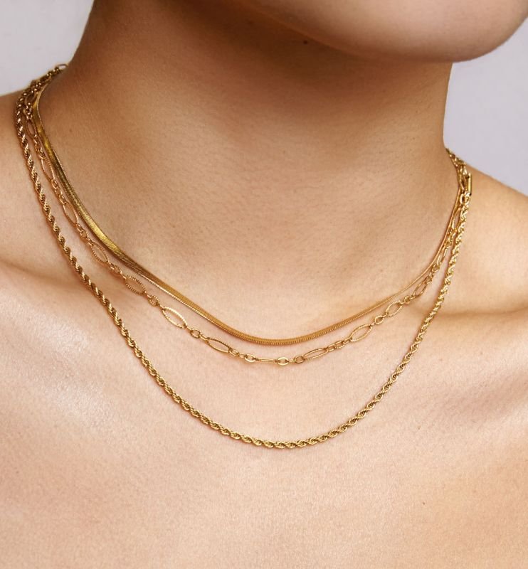 Dreireihige goldfarbene Halskette mit runden Anhängern am Hals, Kettenglieder