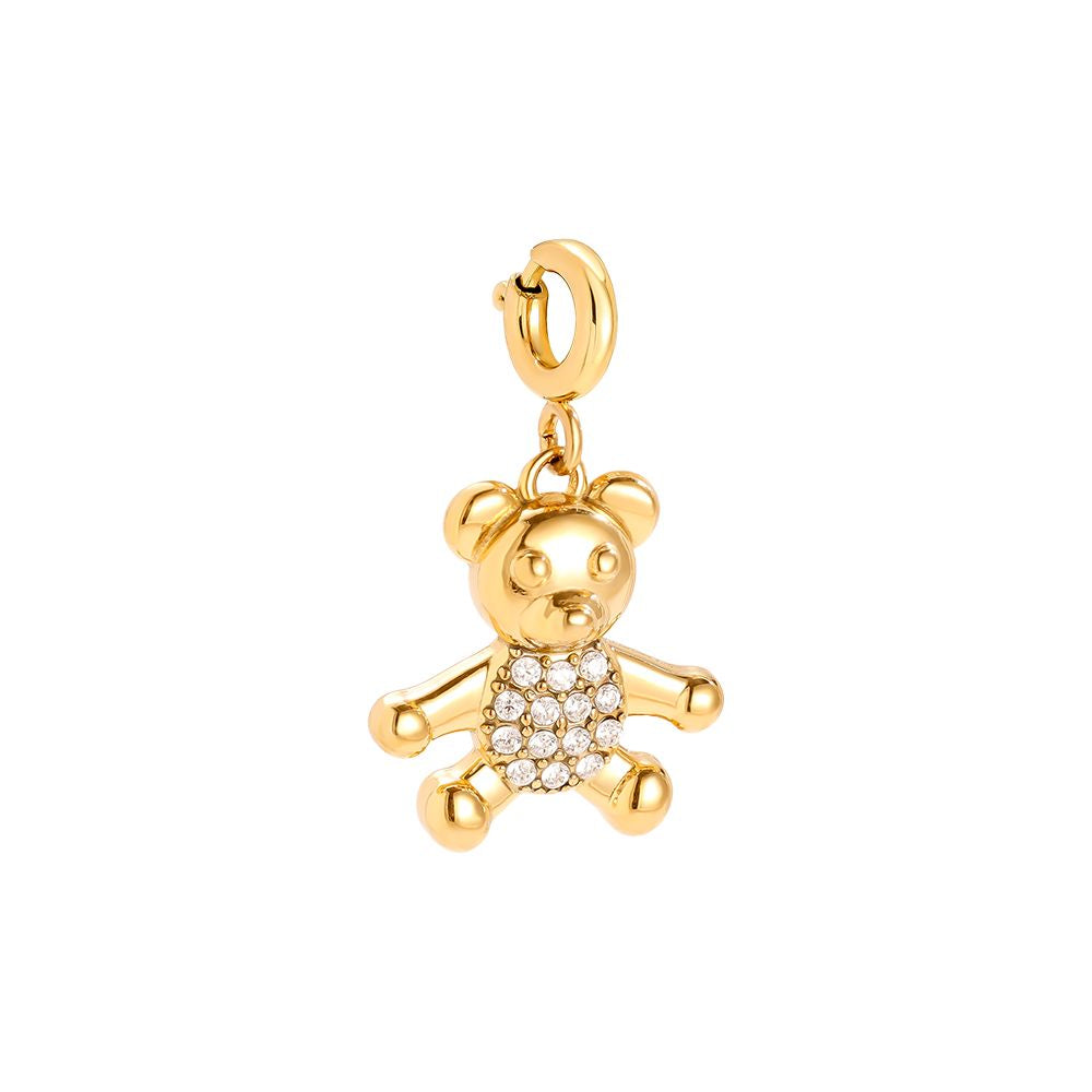 Goldfarbener Charm-Anhänger mit Teddybär-Motiv und funkelnden Steinen, an Karabiner